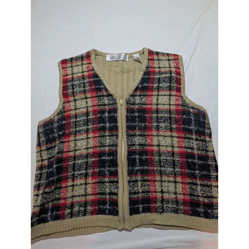 Karen Scott Womens Plaid Zip Front Sweater Vest Red Black Tan Size L